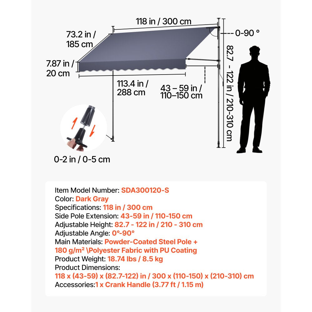 VEVOR Manual Retractable Awning, 118" Outdoor Retractable Patio Awning Sunshade Shelter, Height Adjustable Patio Door Window Canopy with Manual Crank Handle for Backyard, Garden, Balcony, Dark Gray