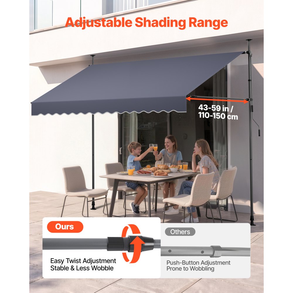 VEVOR Manual Retractable Awning, 118" Outdoor Retractable Patio Awning Sunshade Shelter, Height Adjustable Patio Door Window Canopy with Manual Crank Handle for Backyard, Garden, Balcony, Dark Gray