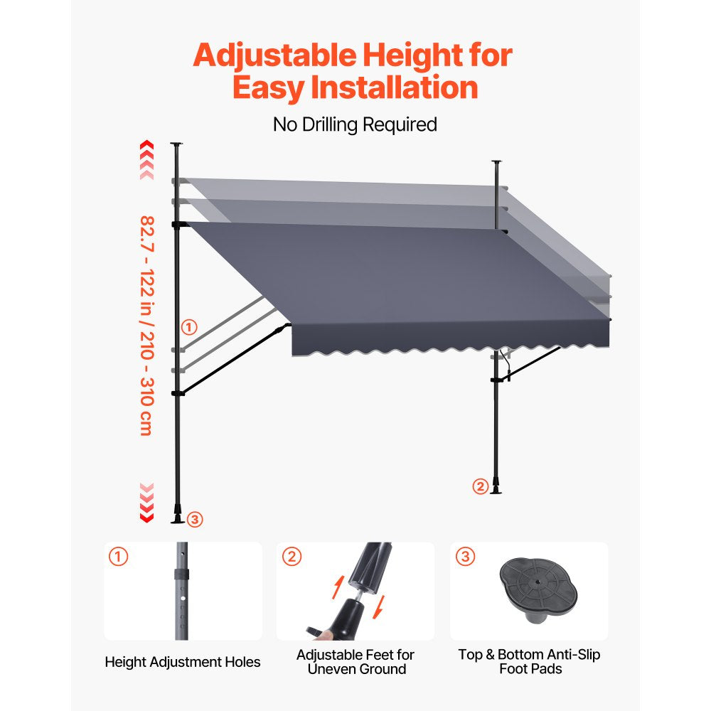VEVOR Manual Retractable Awning, 118" Outdoor Retractable Patio Awning Sunshade Shelter, Height Adjustable Patio Door Window Canopy with Manual Crank Handle for Backyard, Garden, Balcony, Dark Gray