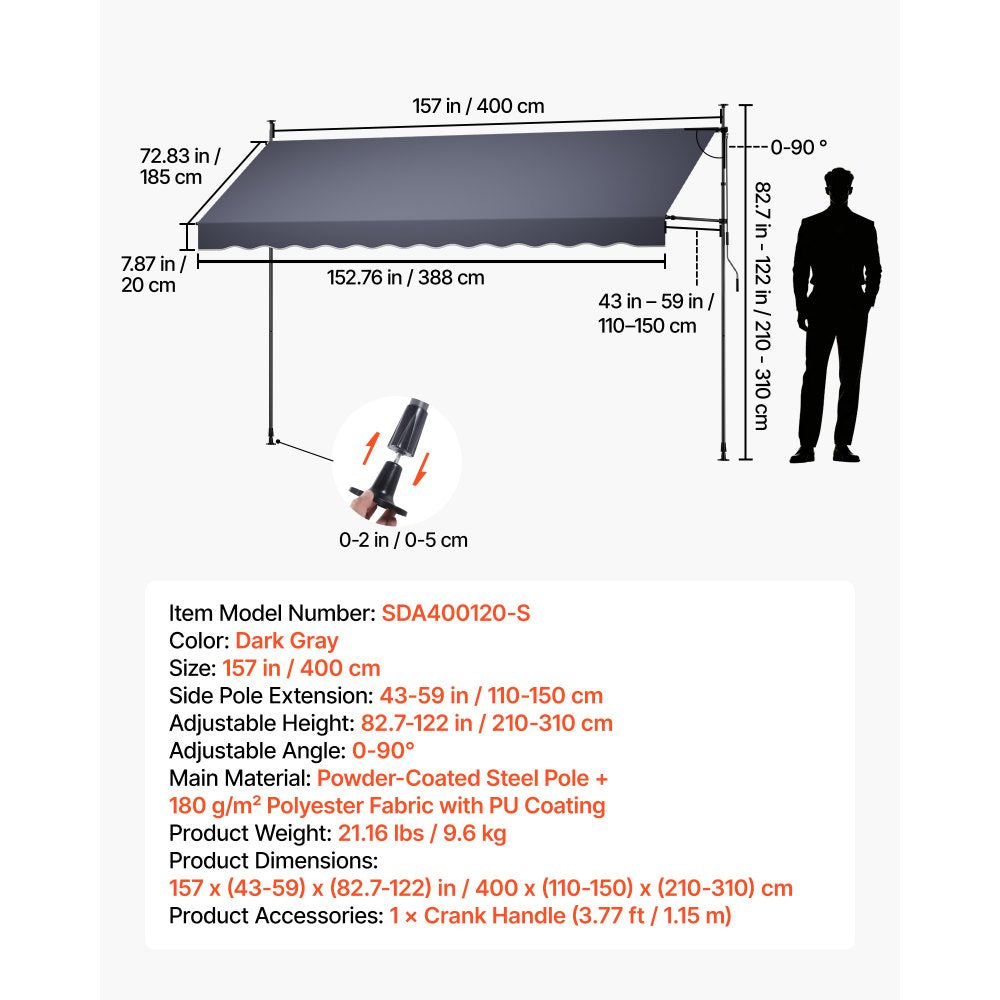 VEVOR Manual Retractable Awning, 157" Outdoor Retractable Patio Awning Sunshade Shelter, Height Adjustable Patio Door Window Canopy with Manual Crank Handle for Backyard, Garden, Balcony, Dark Gray