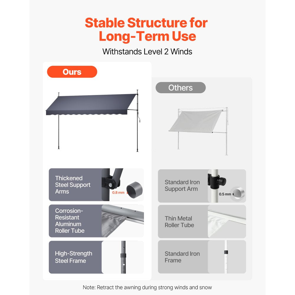 VEVOR Manual Retractable Awning, 157" Outdoor Retractable Patio Awning Sunshade Shelter, Height Adjustable Patio Door Window Canopy with Manual Crank Handle for Backyard, Garden, Balcony, Dark Gray