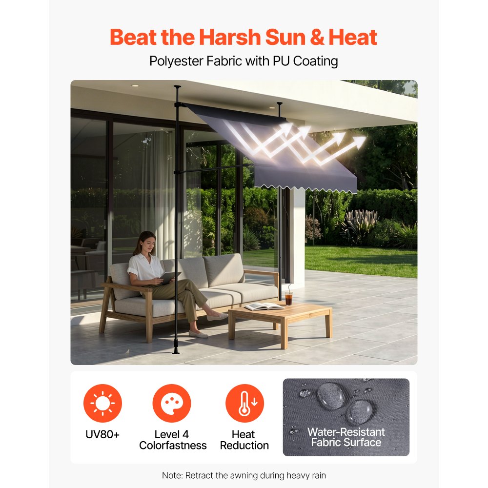 VEVOR Manual Retractable Awning, 59" Outdoor Retractable Patio Awning Sunshade Shelter, Height Adjustable Patio Door Window Canopy with Manual Crank Handle for Backyard, Garden, Balcony, Dark Gray