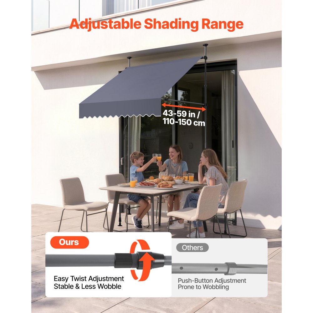 VEVOR Manual Retractable Awning, 59" Outdoor Retractable Patio Awning Sunshade Shelter, Height Adjustable Patio Door Window Canopy with Manual Crank Handle for Backyard, Garden, Balcony, Dark Gray