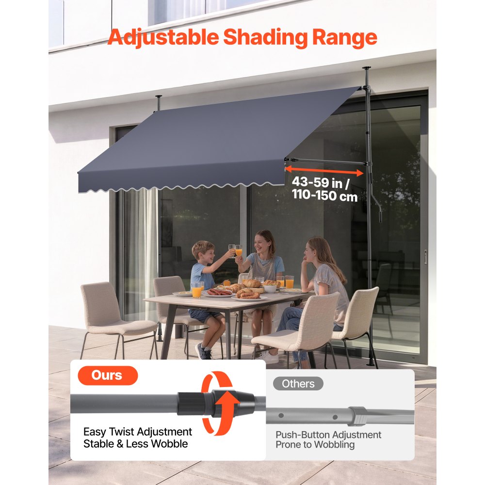 VEVOR Manual Retractable Awning, 98" Outdoor Retractable Patio Awning Sunshade Shelter, Height Adjustable Patio Door Window Canopy with Manual Crank Handle for Backyard, Garden, Balcony, Dark Gray