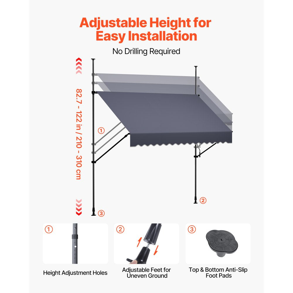 VEVOR Manual Retractable Awning, 98" Outdoor Retractable Patio Awning Sunshade Shelter, Height Adjustable Patio Door Window Canopy with Manual Crank Handle for Backyard, Garden, Balcony, Dark Gray