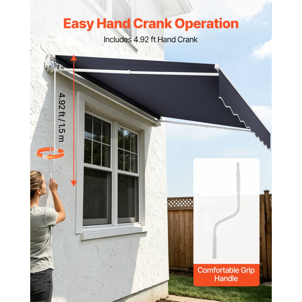 VEVOR Manual Retractable Awning, 9.8' x 8.2' Outdoor Patio Awning Retractable Sun Shade, Patio Door Window Water-Resistant Polyester Sunshade Shelter with Crank Handle for Deck, Balcony, Yard, Gray