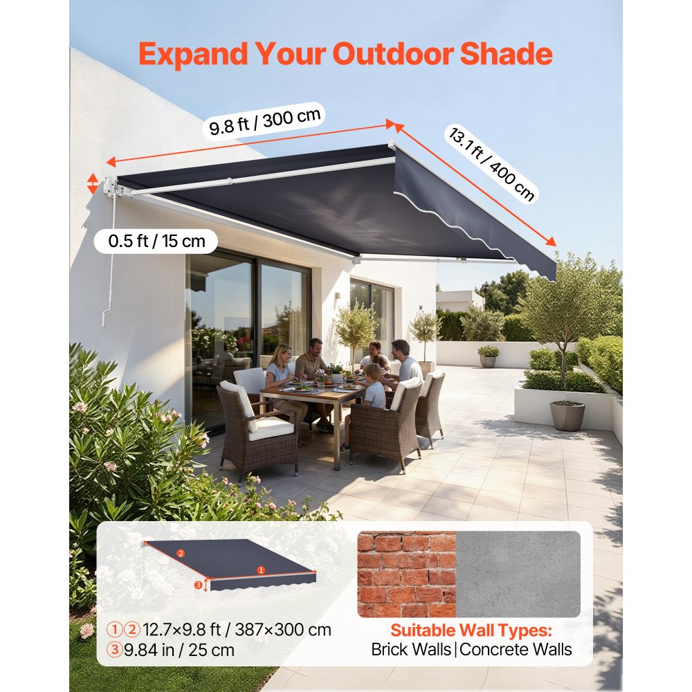 VEVOR Manual Retractable Awning, 13.1' x 9.8' Outdoor Patio Awning Retractable Sun Shade, Patio Door Window Water-Resistant Polyester Sunshade Shelter with Crank Handle for Deck, Balcony, Yard, Gray