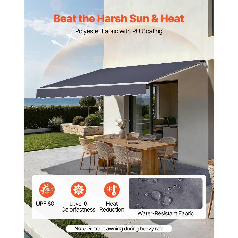 VEVOR Manual Retractable Awning, 13.1' x 9.8' Outdoor Patio Awning Retractable Sun Shade, Patio Door Window Water-Resistant Polyester Sunshade Shelter with Crank Handle for Deck, Balcony, Yard, Gray