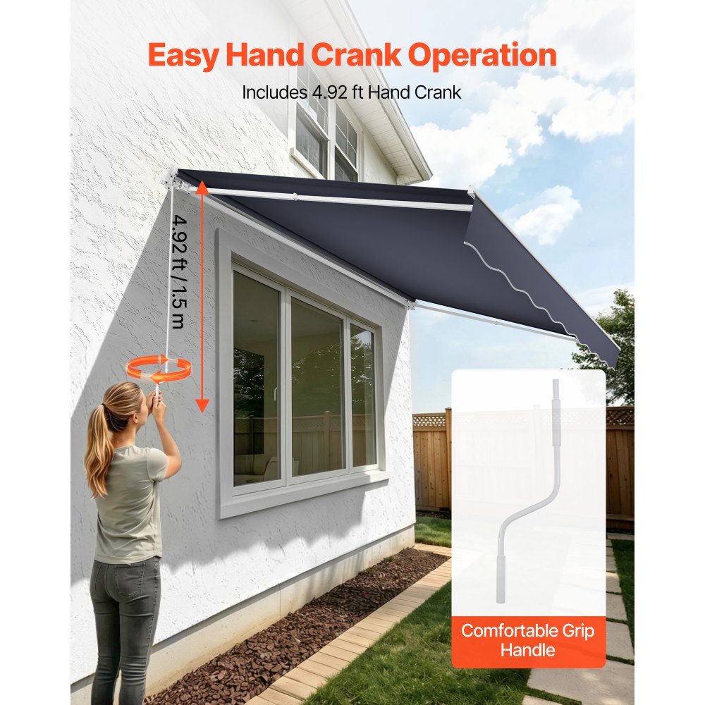 VEVOR Manual Retractable Awning, 13.1' x 9.8' Outdoor Patio Awning Retractable Sun Shade, Patio Door Window Water-Resistant Polyester Sunshade Shelter with Crank Handle for Deck, Balcony, Yard, Gray