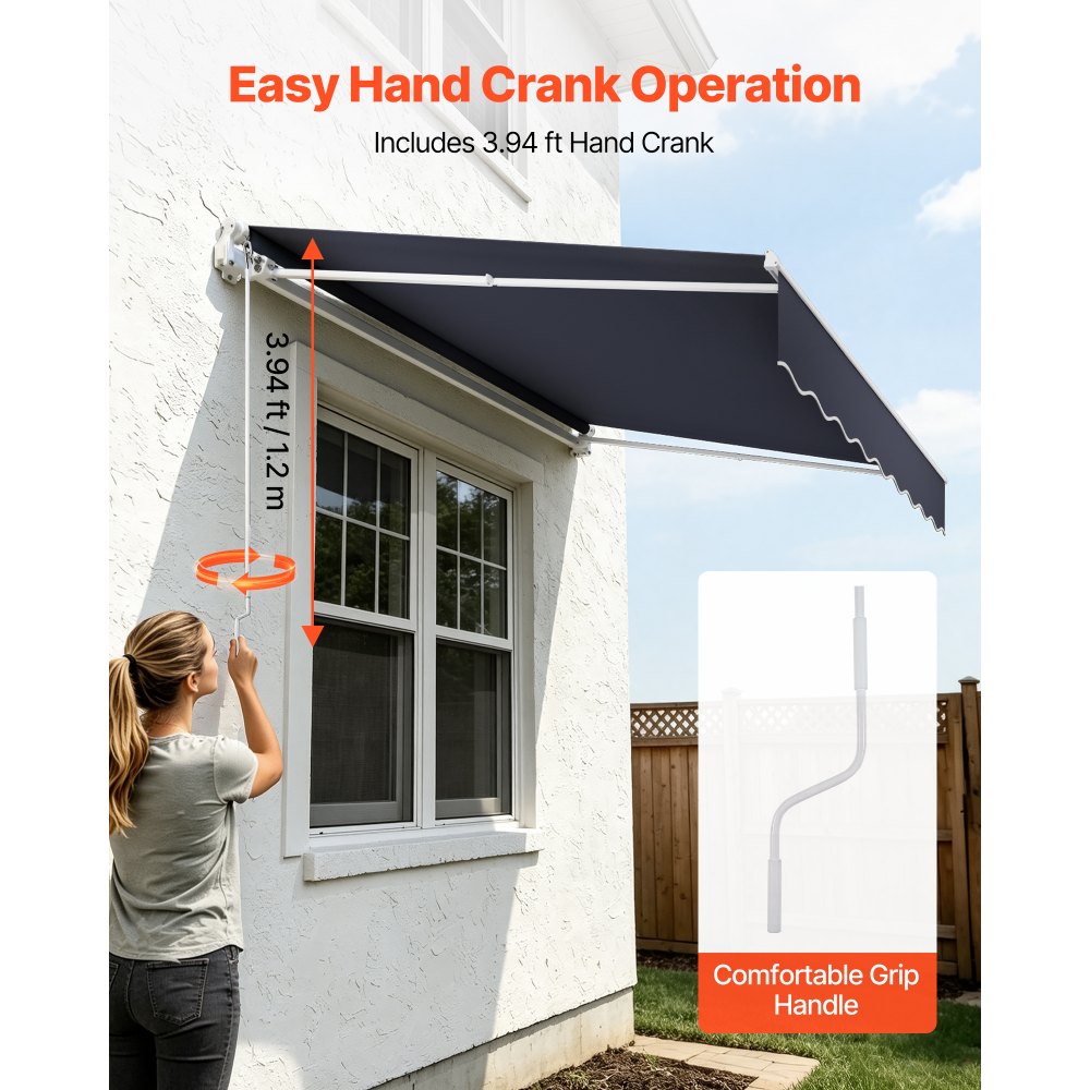 VEVOR Manual Retractable Awning, 8.2' x 6.6' Outdoor Patio Awning Retractable Sun Shade, Patio Door Window Water-Resistant Polyester Sunshade Shelter with Crank Handle for Deck, Balcony, Yard, Gray