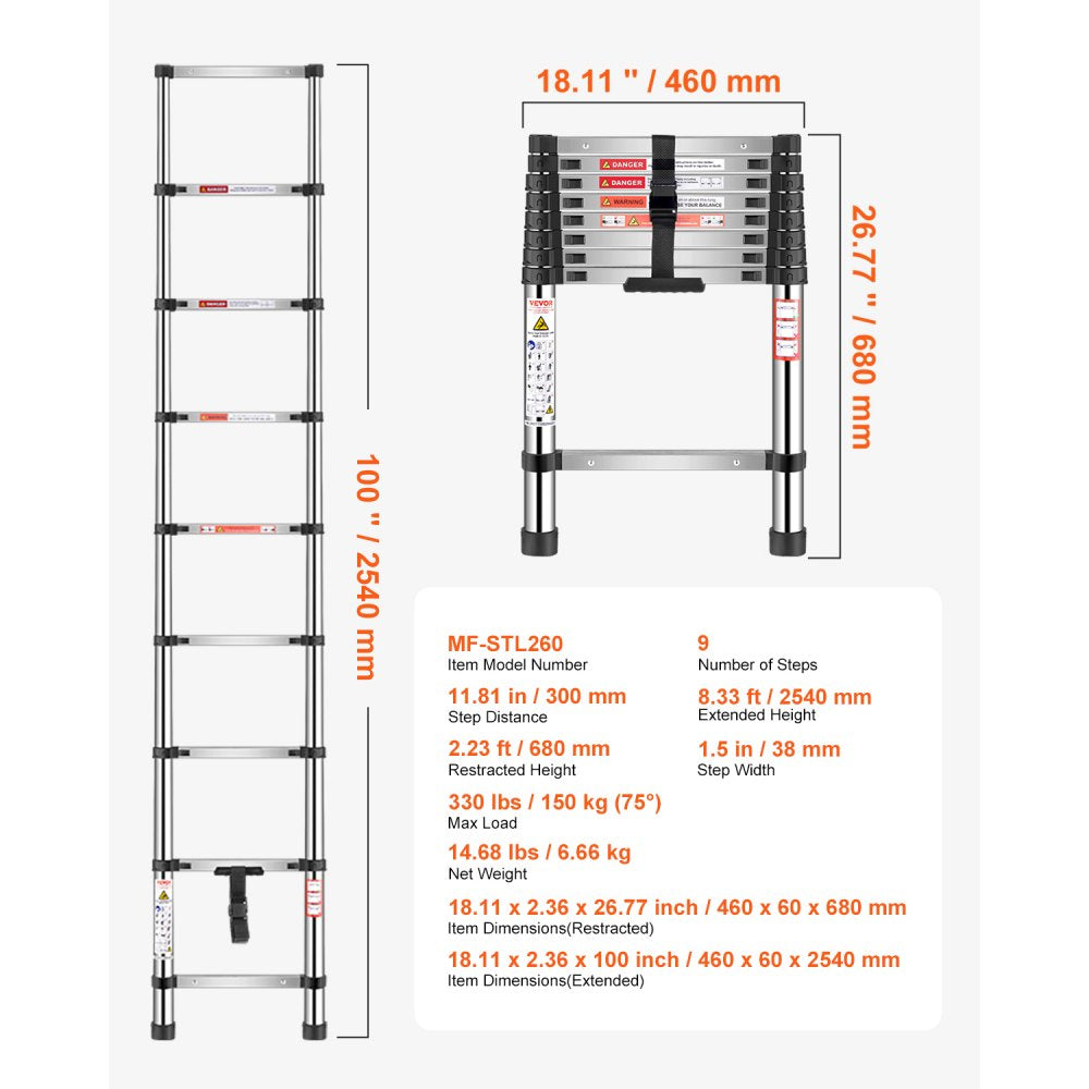 VEVOR Telescoping Ladder, 8.5ft Stainless Steel Lightweight Extension Ladder, Multi-Button Retraction Collapsible Ladders, 330LBS Capacity & Non-Slip Feet, Portable 9-Step Ladders for Home, RV, Loft