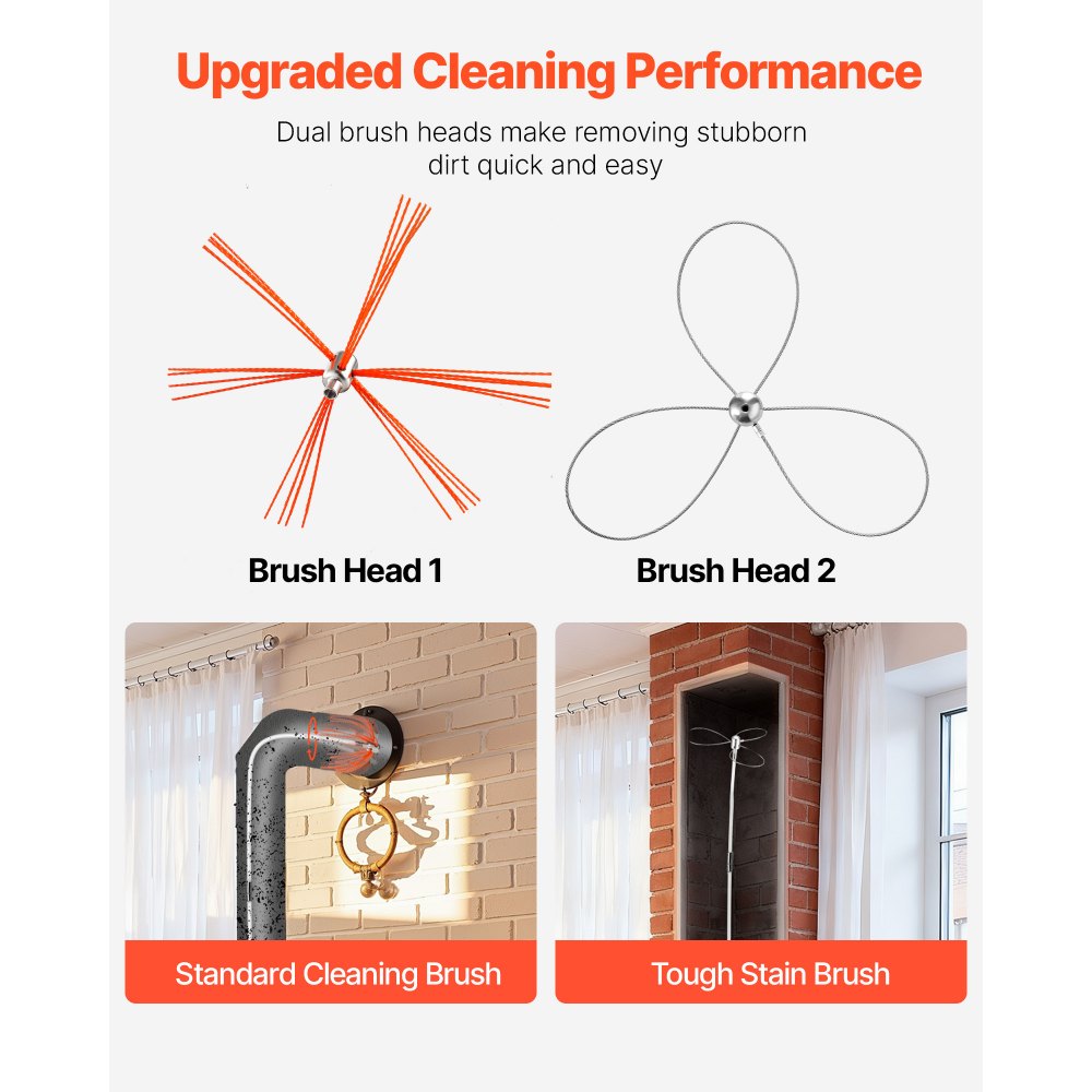 VEVOR Chimney Sweep Kit, 33 ft Maximum Extendable Length Chimney Brush, Chimney Cleaner Sweeper with Dual Brush Heads, Brush & Goggles, Fireplace Cleaning Tool for Square, Rectangle, Arch Chimneys