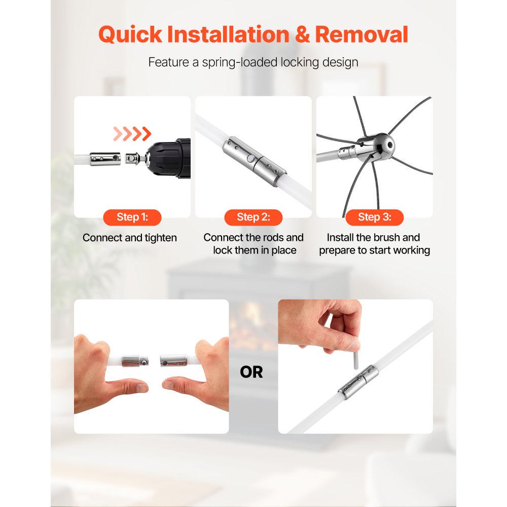 VEVOR Chimney Sweep Kit, 33 ft Maximum Extendable Length Chimney Brush, Chimney Cleaner Sweeper with Dual Brush Heads, Brush & Goggles, Fireplace Cleaning Tool for Square, Rectangle, Arch Chimneys