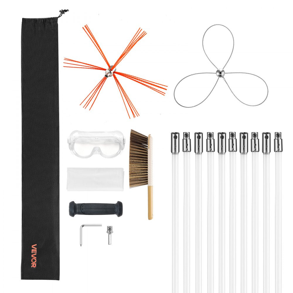 VEVOR Chimney Sweep Kit, 33 ft Maximum Extendable Length Chimney Brush, Chimney Cleaner Sweeper with Dual Brush Heads, Brush & Goggles, Fireplace Cleaning Tool for Square, Rectangle, Arch Chimneys
