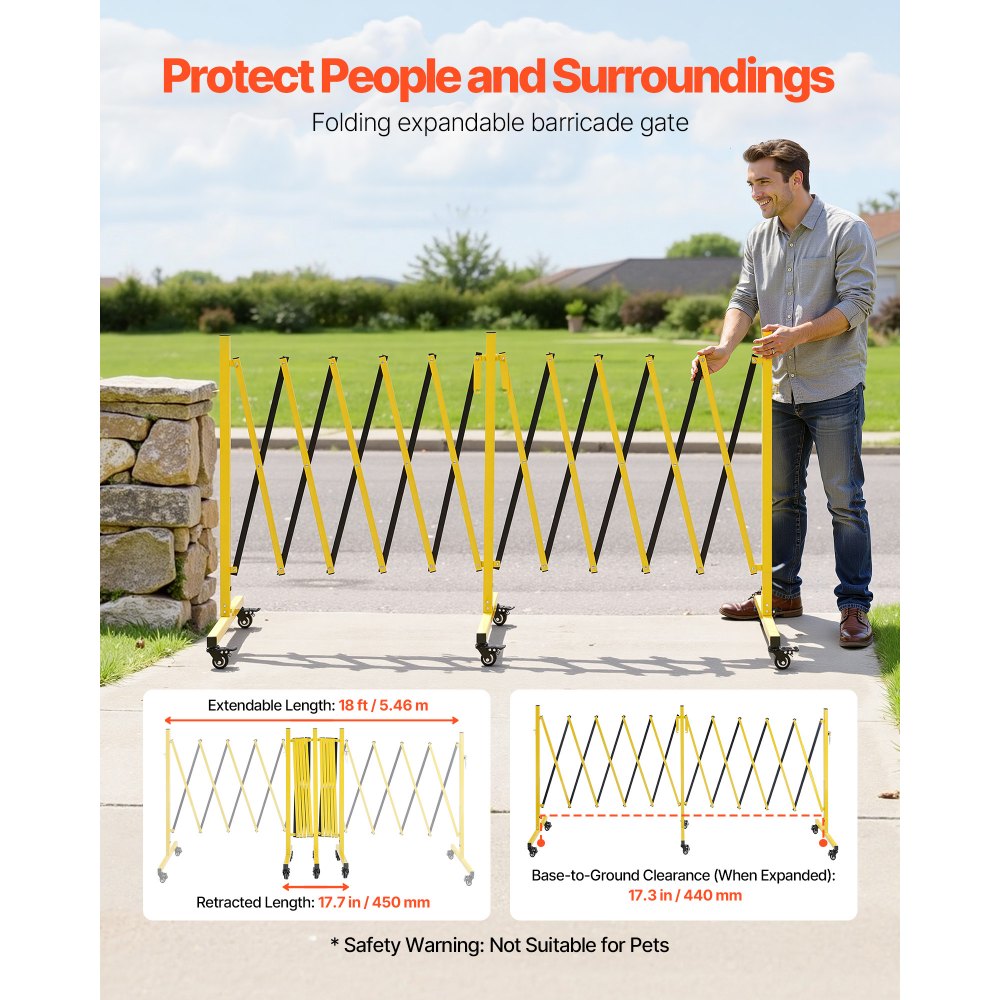 VEVOR Double Expandable Barricades, 18FT Industrial Safety Barriers, Flexible Mobile Barricade with Locking Casters, Portable Folding Security Gate Metal Traffic Fence for Driveway Warehouse Elevator