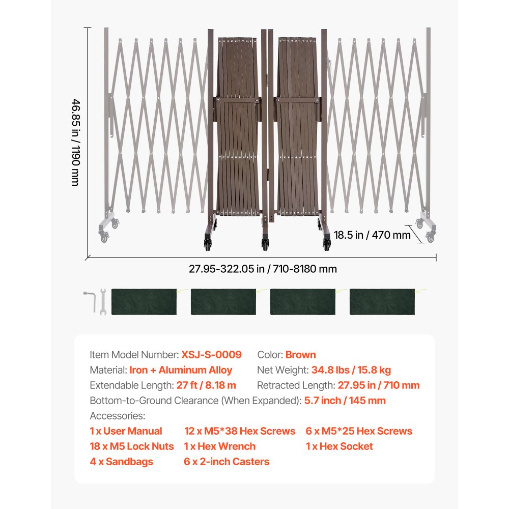 VEVOR Double Expandable Barricades, 27FT Expandable Safety Barrier, 0-180° Rotatable Mobile Barricade with Locking Casters, Portable Folding Security Gate Traffic Fence for Patio Garden Stairway