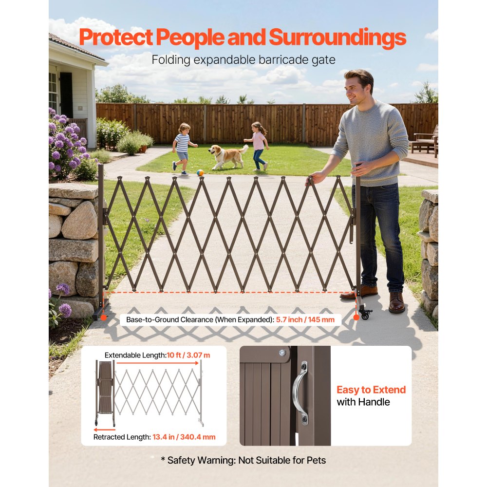 VEVOR Expandable Barricade, 10FT Expandable Safety Barrier, Flexible Mobile Barricade with Locking Casters, Portable Folding Security Gate Metal Traffic Fence for Patio Garden Stairway