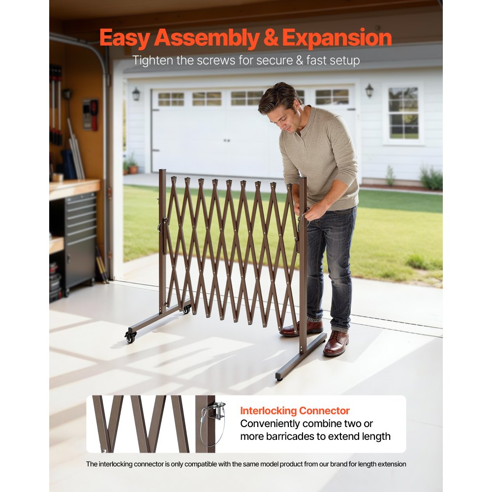 VEVOR Expandable Barricade, 10FT Expandable Safety Barrier, Flexible Mobile Barricade with Locking Casters, Portable Folding Security Gate Metal Traffic Fence for Patio Garden Stairway
