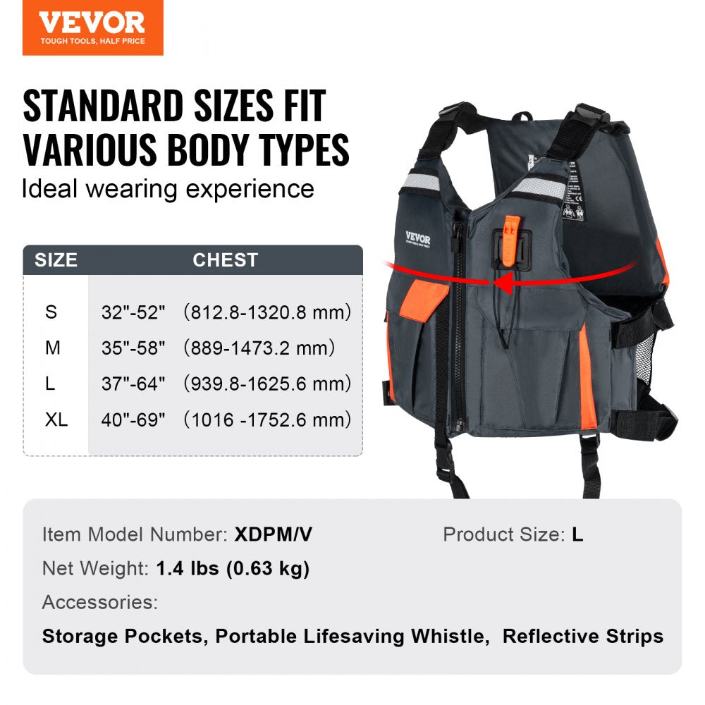 VEVOR Life Vest for Watersports (PFD), Life Jacket with Waterproof Nylon & 96N Buoyancy, Life Vest/Jacket for Any Water Activity-Fishing, Kayaking, Surfing and More, Men and Women L