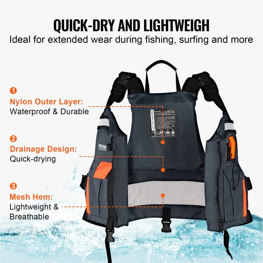 VEVOR Life Vest for Watersports (PFD), Life Jacket with Waterproof Nylon & 85N Buoyancy, Life Vest/Jacket for Any Water Activity-Fishing, Kayaking, Surfing and More, Men and Women M