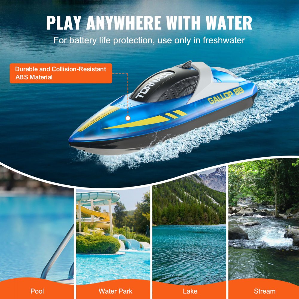 VEVOR RC Boat, 2.4GHz 12 km/h, Remote Control Boat for Pools & Lakes, Racing Boat with LED Light, 2 Rechargeable Batteries, Whole Body Waterproof, Water Play Toy Gift for Adults Boys & Girls, Blue