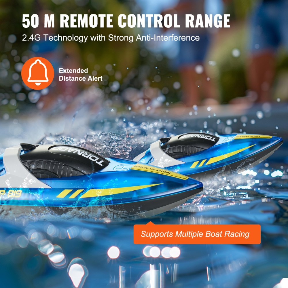 VEVOR RC Boat, 2.4GHz 12 km/h, Remote Control Boat for Pools & Lakes, Racing Boat with LED Light, 2 Rechargeable Batteries, Whole Body Waterproof, Water Play Toy Gift for Adults Boys & Girls, Blue