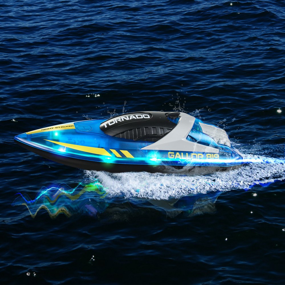 VEVOR RC Boat, 2.4GHz 12 km/h, Remote Control Boat for Pools & Lakes, Racing Boat with LED Light, 2 Rechargeable Batteries, Whole Body Waterproof, Water Play Toy Gift for Adults Boys & Girls, Blue