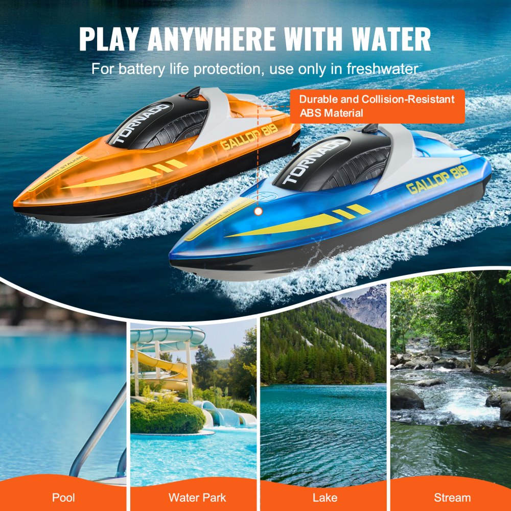 VEVOR RC Boat, 2 Pack 2.4GHz 12 km/h, Remote Control Boat for Pools & Lakes, Racing Boat with LED Light, 4 Rechargeable Batteries, Whole Body Waterproof, Gift for Adults Boys & Girls, Blue & Orange