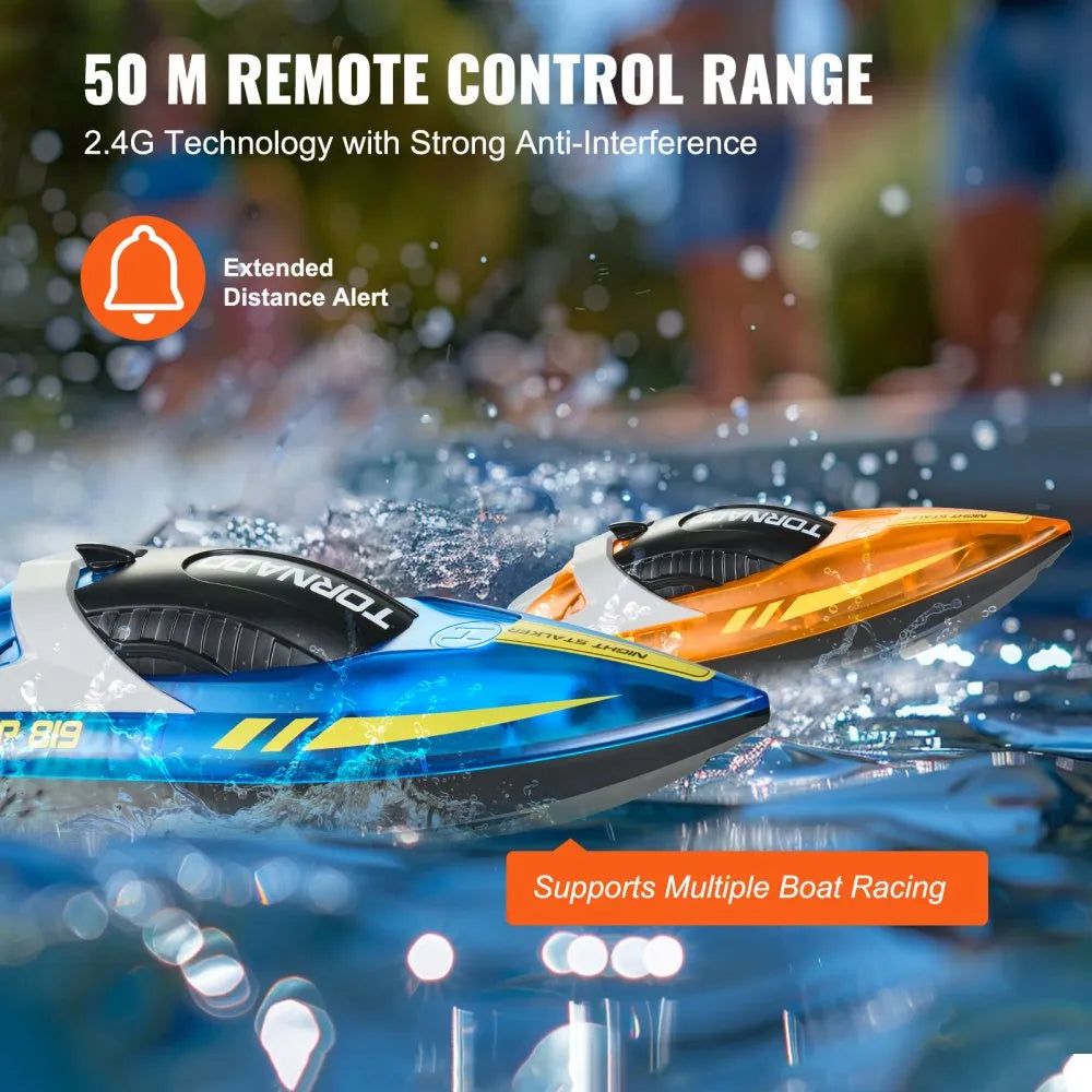 VEVOR RC Boat, 2 Pack 2.4GHz 12 km/h, Remote Control Boat for Pools & Lakes, Racing Boat with LED Light, 4 Rechargeable Batteries, Whole Body Waterproof, Gift for Adults Boys & Girls, Blue & Orange