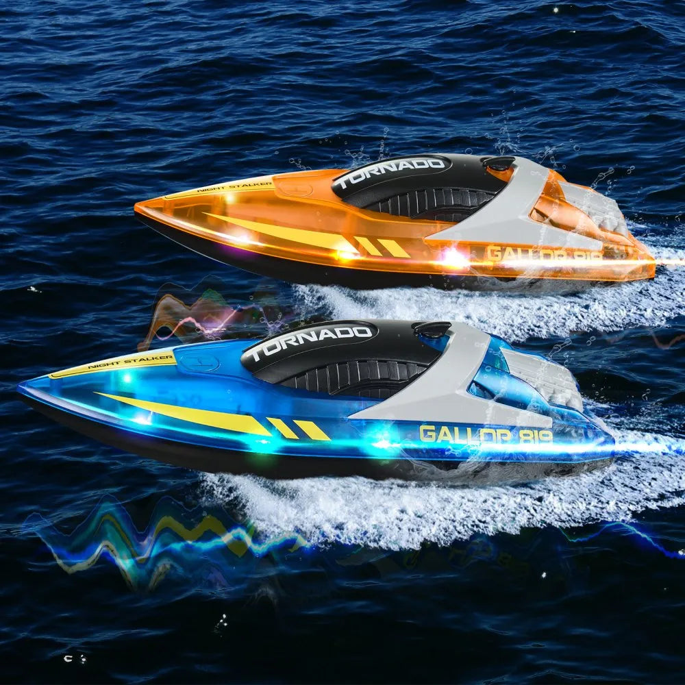 VEVOR RC Boat, 2 Pack 2.4GHz 12 km/h, Remote Control Boat for Pools & Lakes, Racing Boat with LED Light, 4 Rechargeable Batteries, Whole Body Waterproof, Gift for Adults Boys & Girls, Blue & Orange