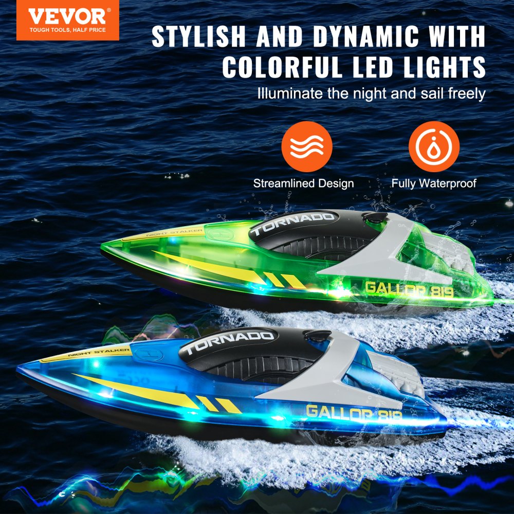 VEVOR RC Boat, 2 Pack 2.4GHz 12 km/h, Remote Control Boat for Pools & Lakes, Racing Boat with LED Light, 4 Rechargeable Batteries, Whole Body Waterproof, Gift for Adults Boys & Girls, Blue & Green