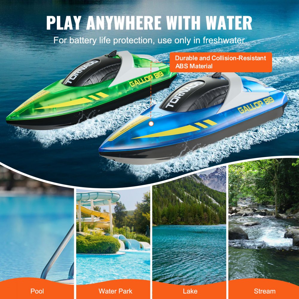 VEVOR RC Boat, 2 Pack 2.4GHz 12 km/h, Remote Control Boat for Pools & Lakes, Racing Boat with LED Light, 4 Rechargeable Batteries, Whole Body Waterproof, Gift for Adults Boys & Girls, Blue & Green