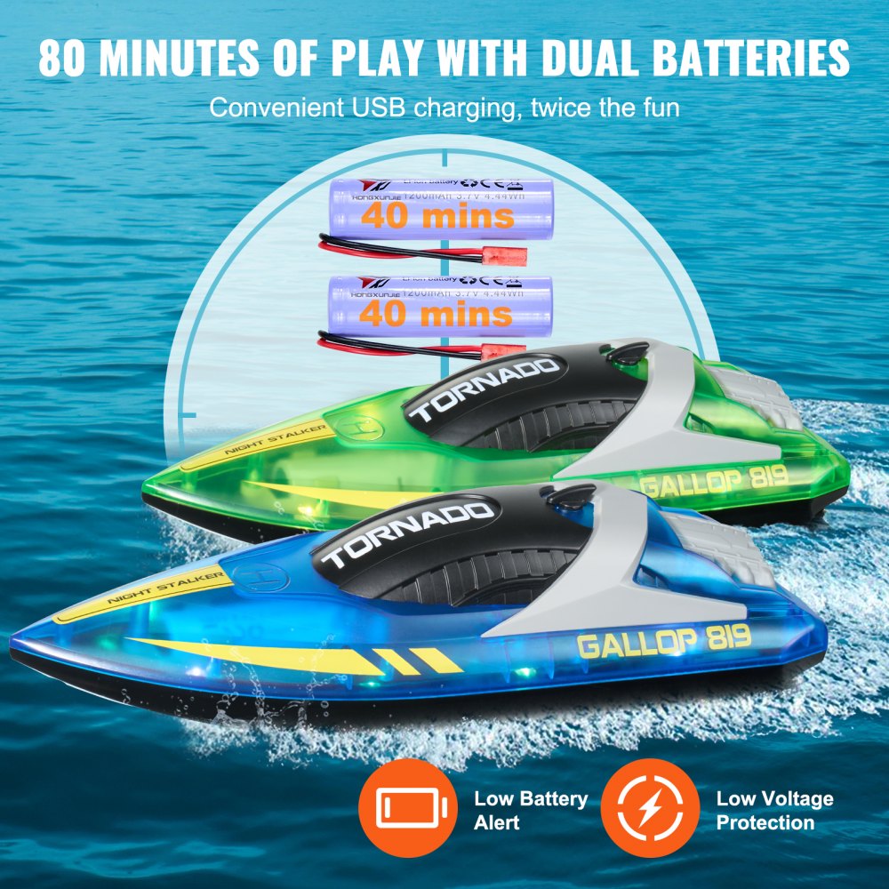 VEVOR RC Boat, 2 Pack 2.4GHz 12 km/h, Remote Control Boat for Pools & Lakes, Racing Boat with LED Light, 4 Rechargeable Batteries, Whole Body Waterproof, Gift for Adults Boys & Girls, Blue & Green