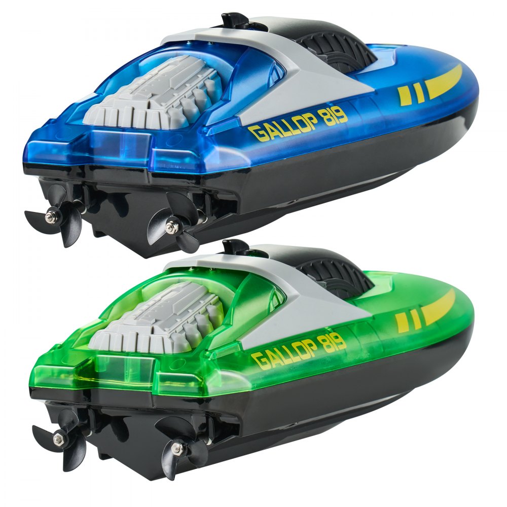 VEVOR RC Boat, 2 Pack 2.4GHz 12 km/h, Remote Control Boat for Pools & Lakes, Racing Boat with LED Light, 4 Rechargeable Batteries, Whole Body Waterproof, Gift for Adults Boys & Girls, Blue & Green