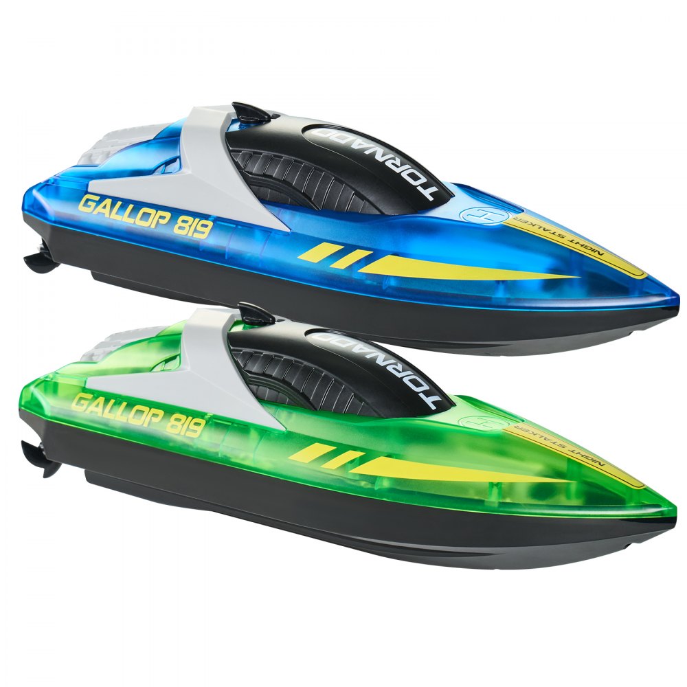 VEVOR RC Boat, 2 Pack 2.4GHz 12 km/h, Remote Control Boat for Pools & Lakes, Racing Boat with LED Light, 4 Rechargeable Batteries, Whole Body Waterproof, Gift for Adults Boys & Girls, Blue & Green