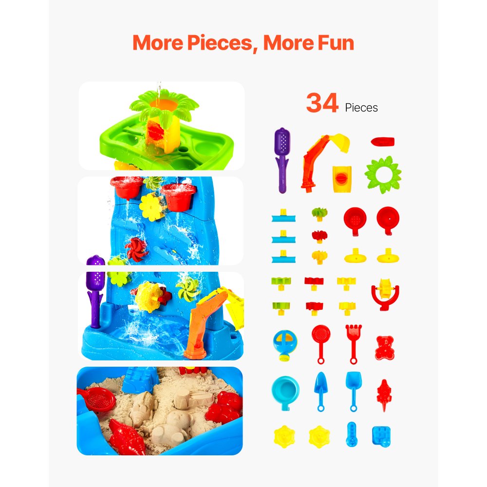 VEVOR Sand and Water Table for Toddlers, Double-Sided Kids Activity Waterfall Playset with 37PCS Accessories, Kids Activity Sensory Table, Outdoor Summer Sand Water Play Table for 3+ Years Boys Girls