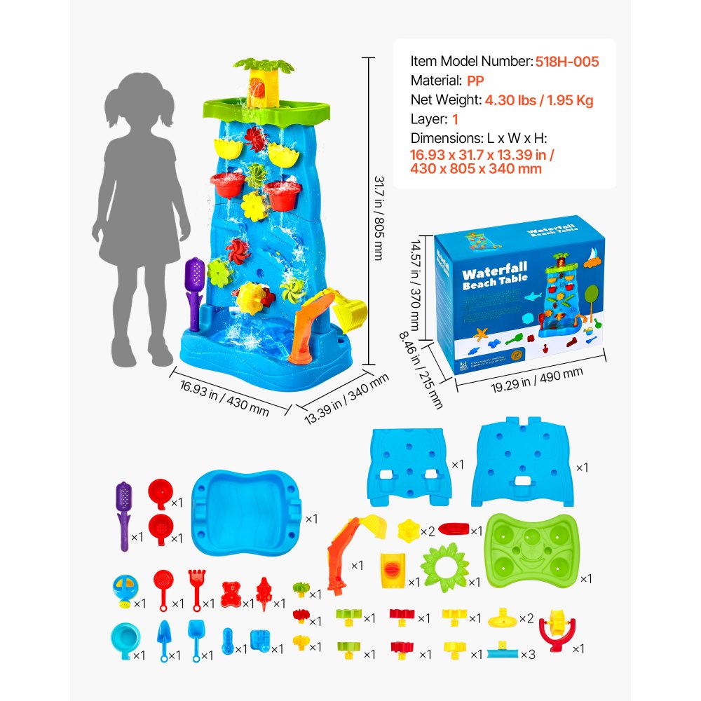 VEVOR Sand and Water Table for Toddlers, Double-Sided Kids Activity Waterfall Playset with 37PCS Accessories, Kids Activity Sensory Table, Outdoor Summer Sand Water Play Table for 3+ Years Boys Girls