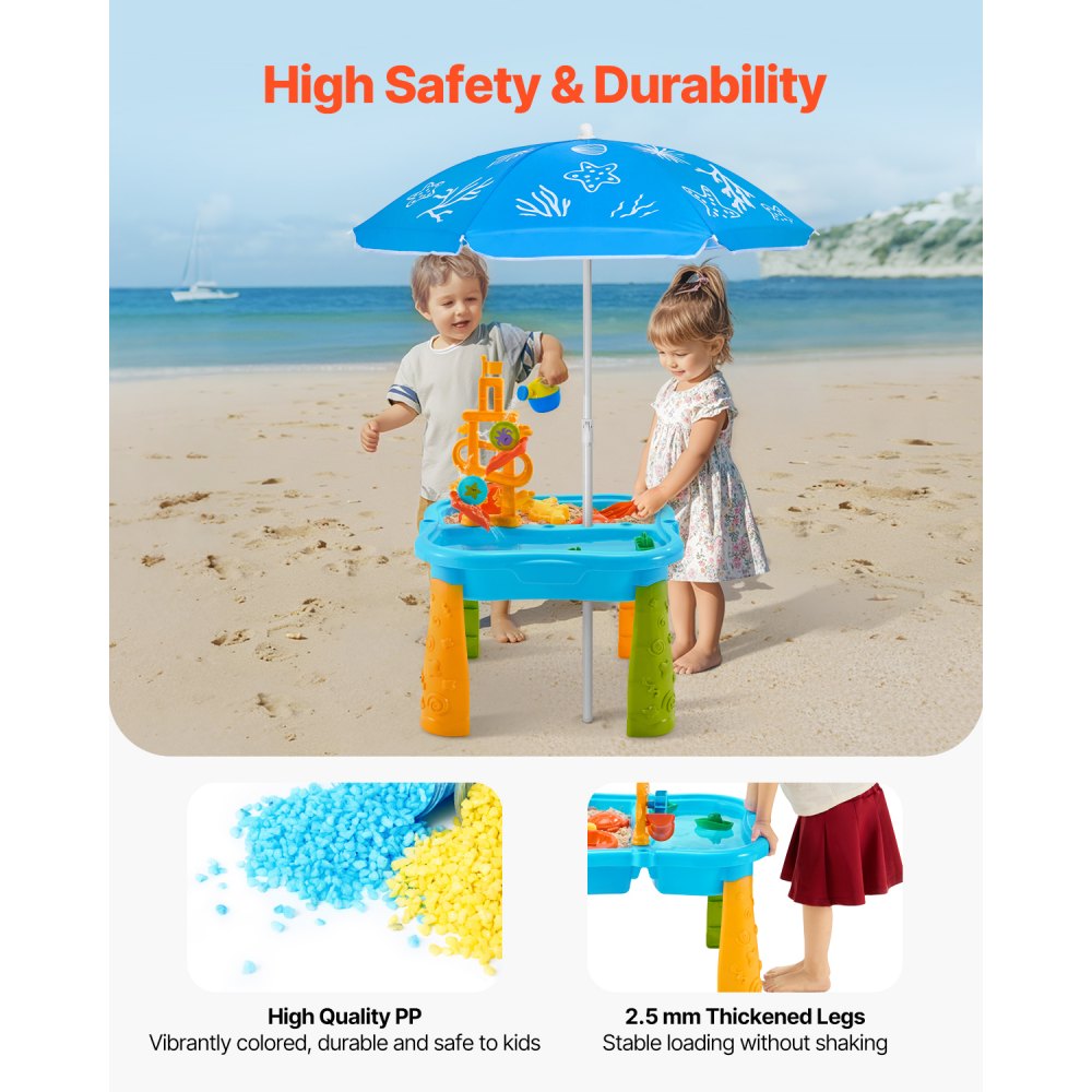 VEVOR Sand and Water Table for Toddlers, Kids Activity Sensory Table, Outdoor Sand Water Playset with 11PCS Toy Accessories & Umbrella, Summer Water Activity Table for 3+ Years Boys Girls, Ideal Gift