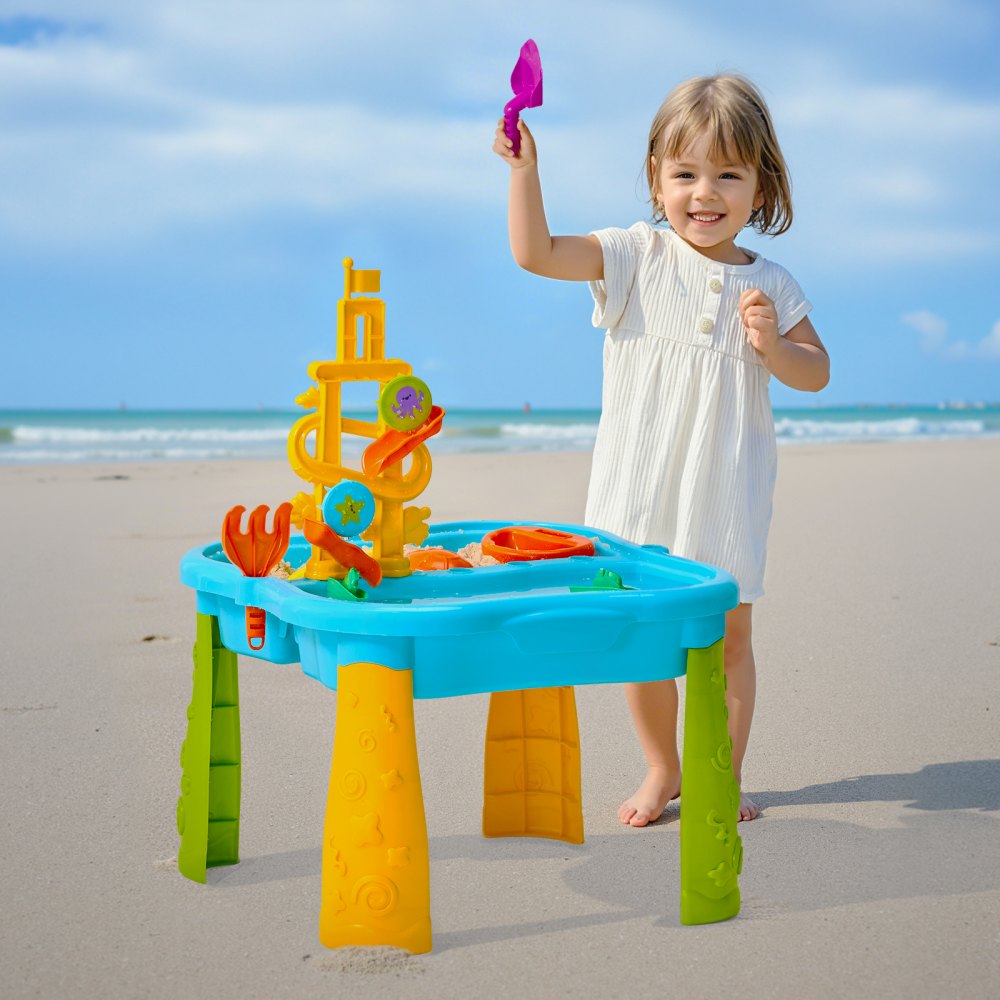 VEVOR Sand and Water Table for Toddlers, Kids Activity Sensory Table, Outdoor Sand Water Playset with 11PCS Toy Accessories & Umbrella, Summer Water Activity Table for 3+ Years Boys Girls, Ideal Gift