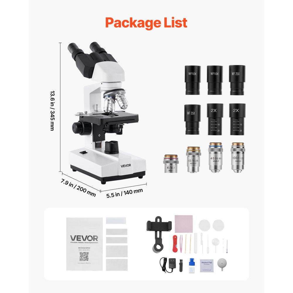 VEVOR Binocular Microscope, 40-5000X Magnification, Professional Compound Microscope for Adult with Dual Stage and Two Sets of Eyepieces, Aluminum Alloy Body, Includes LED Light and Phone Holder