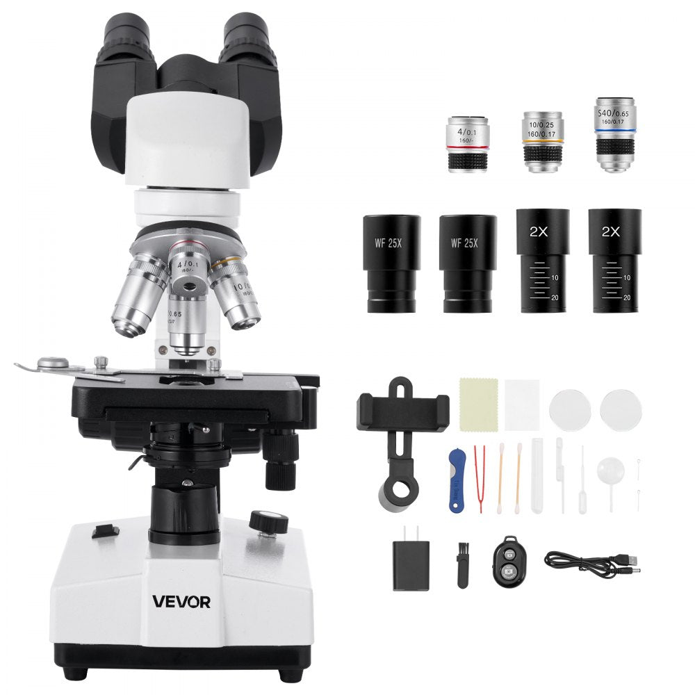 VEVOR Binocular Microscope, 40-5000X Magnification, Professional Compound Microscope for Adult with Dual Stage and Two Sets of Eyepieces, Aluminum Alloy Body, Includes LED Light and Phone Holder