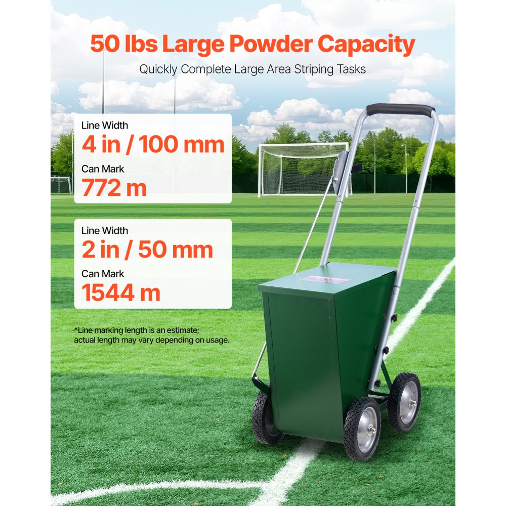 VEVOR Dry Line Marker, 4-Wheel, 2 or 4 in Lines, Field Dry Line Chalker, Adjustable Line Marker, with Rubber Adjustment Handle, 50 lbs Large Powder Capacity, for Baseball and Softball Infield, Green