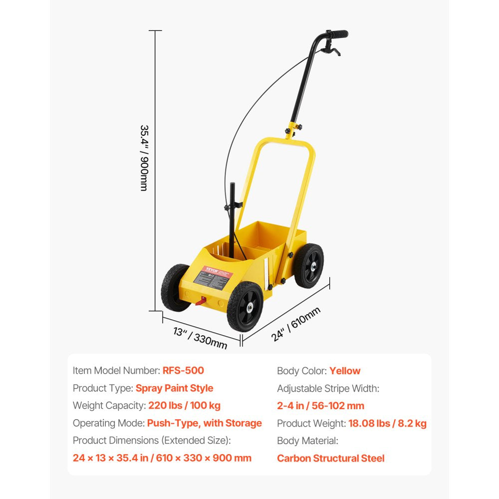 VEVOR Striping Line Marking Machine, 24 x 13 x 35.4 in, 4-Wheel, Heavy Duty Striping Line Marking Machine, Striping Line Machine with Adjustable Width, for Roads, Parking Lots, Sports Field, Yellow