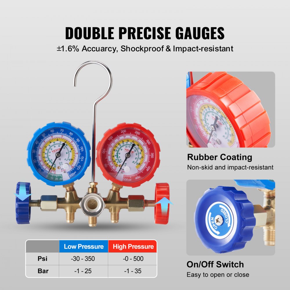 VEVOR AC Gauge Set - 3 Way AC Manifold Gauge Set for R134A R22 R12 R502 Refrigerant, Freon Gauges with 5ft Hoses, Couplers, Can Tap Works on Car Auto Freon Charging and Evacuation