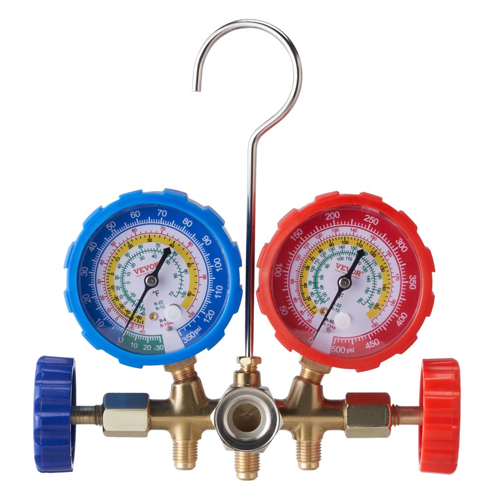 VEVOR AC Gauge Set - 3 Way AC Manifold Gauge Set for R134A R22 R12 R502 Refrigerant, Freon Gauges with 5ft Hoses, Couplers, Can Tap Works on Car Auto Freon Charging and Evacuation