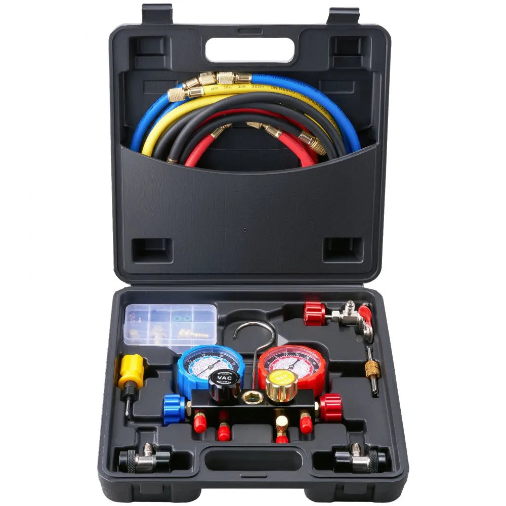 VEVOR 4 Way AC Gauge - AC Manifold Gauge Set for R134A R22 R12 R410A Refrigerant, Freon Gauges with 5ft Hoses, Couplers, Can Tap Works on Car Auto Freon Charging and Evacuation