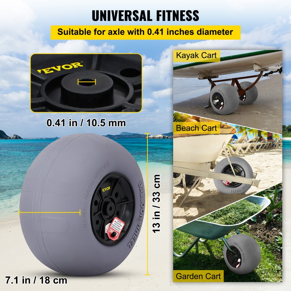 VEVOR Beach Balloon Wheels, 13\" Replacement Sand Tires with 32\" Stainless Steel Axle, TPU Cart Tires for Kayak Dolly, Canoe Cart and Buggy with Free Air Pump, 2-Pack
