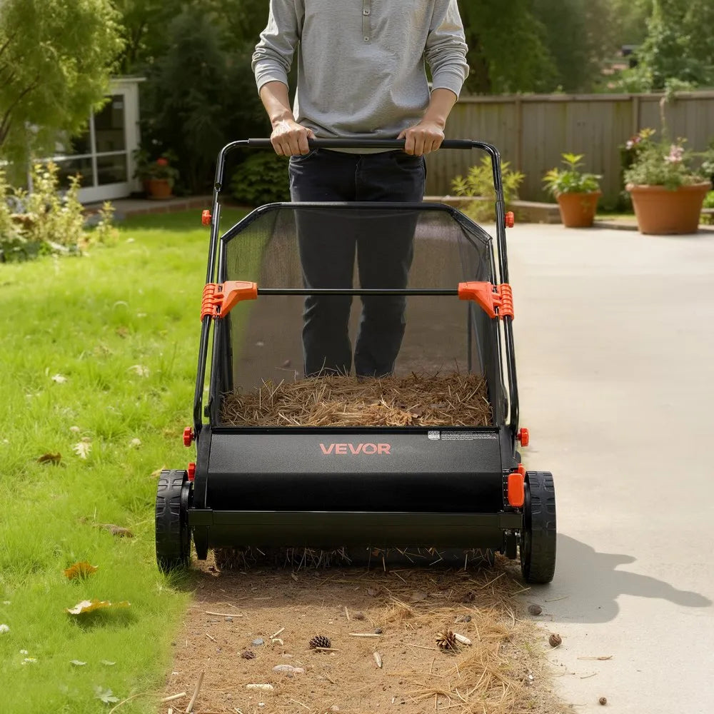 VEVOR Push Lawn Sweeper, 30 in Leaf & Grass Collector with 12 cu. ft. Hopper Bag, Adjustable Brush Height & Spinning Brushes, Heavy Duty Yard Sweeper with Rubber Wheels for Leaves Grass Cleanup