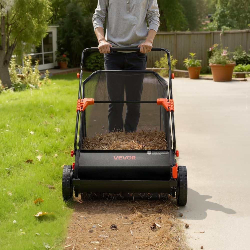 VEVOR Push Lawn Sweeper, 26 in Leaf & Grass Collector with 7 cu. ft. Hopper Bag, Adjustable Brush Height & Spinning Brushes, Heavy Duty Yard Sweeper with Rubber Wheels for Leaves Grass Cleanup
