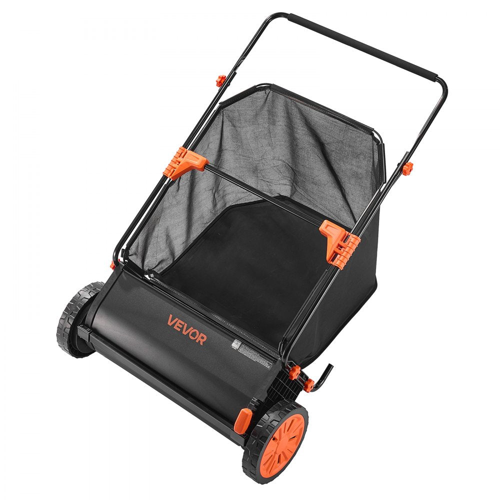 VEVOR Push Lawn Sweeper, 26 in Leaf & Grass Collector with 7 cu. ft. Hopper Bag, Adjustable Brush Height & Spinning Brushes, Heavy Duty Yard Sweeper with Rubber Wheels for Leaves Grass Cleanup